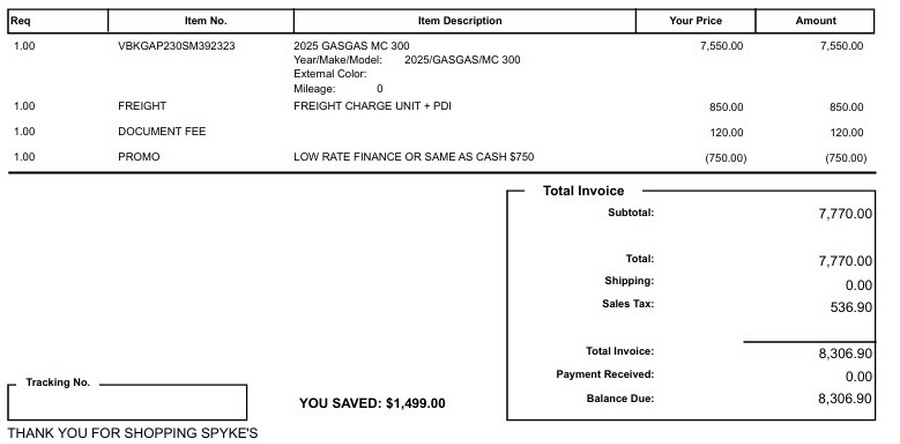 2025 GASGAS MC 300, Total Out The Door - $8,306.90