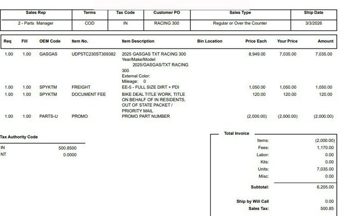 2025 GASGAS TXT RACING 300, $6,705.85 OTD W 7% sales tax!