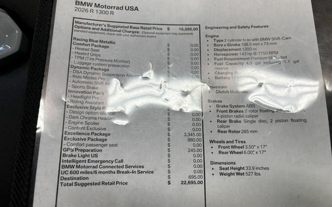 2026 BMW Motorrad R 1300 R FREE LIFETIME POWERTRAIN WARRANTY