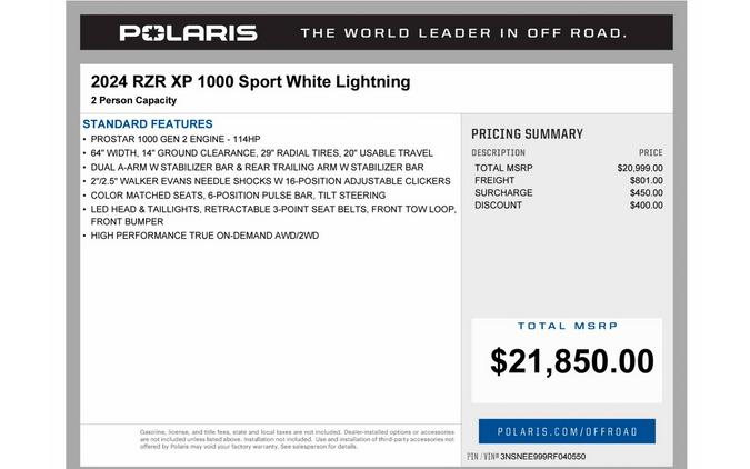 2024 Polaris Industries RZR XP 1000 Sport White Lightning