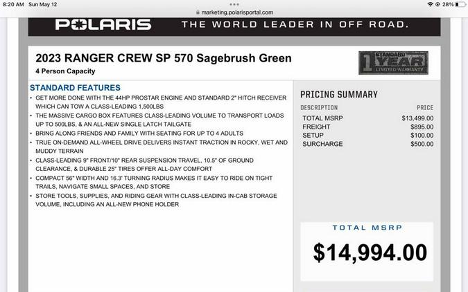 2023 Polaris Industries RANGER CREW SP 570 Sagebrush Green