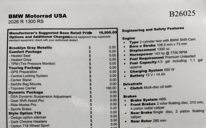 2026 BMW Motorrad R 1300 RS Brooklyn Gray Metallic