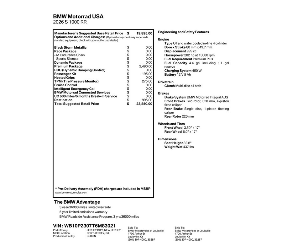2026 BMW Motorrad S 1000 RR | $3,000 Cash Rebate