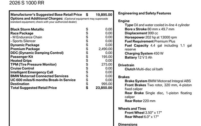 2026 BMW Motorrad S 1000 RR | $3,000 Cash Rebate