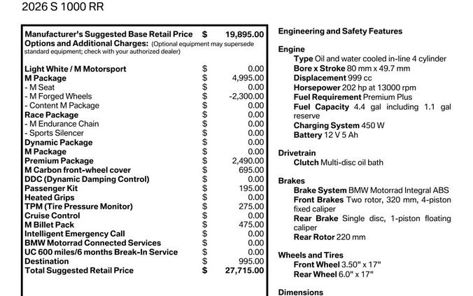 2026 BMW Motorrad S 1000 RR | $3,000 Cash Rebate