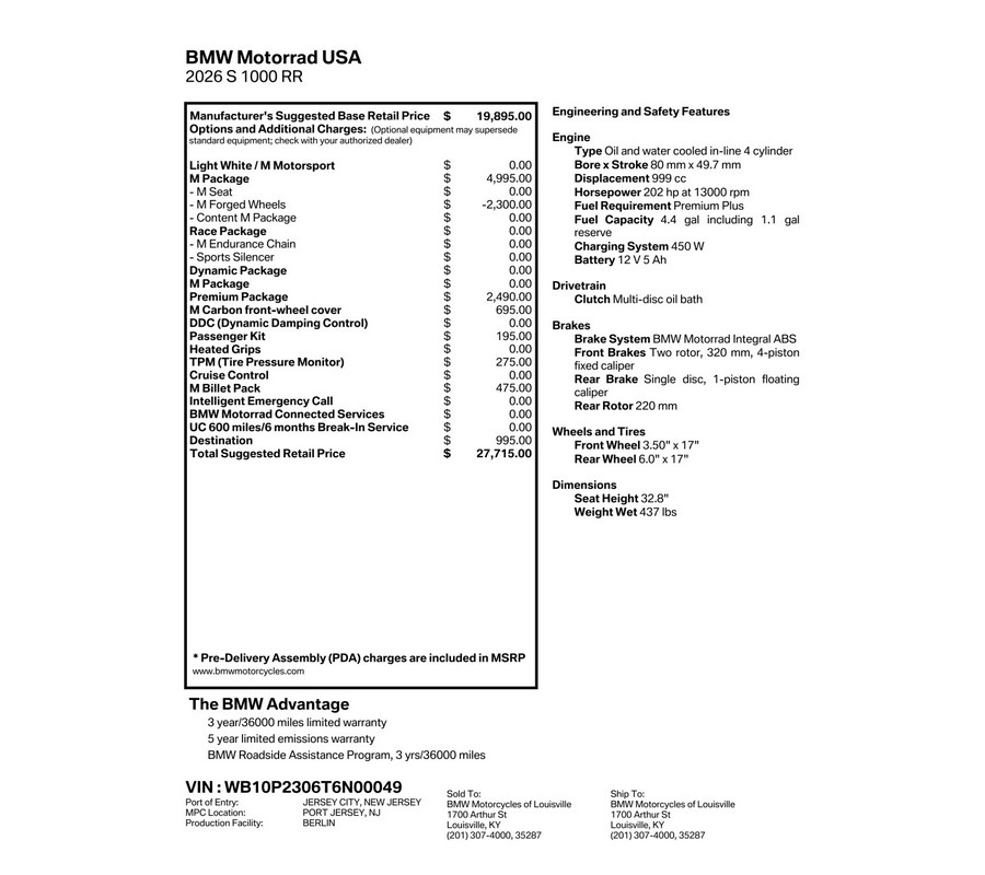 2026 BMW Motorrad S 1000 RR | $3,000 Cash Rebate