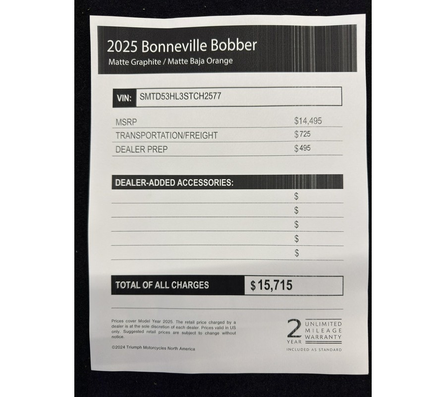 2025 Triumph Bonneville Bobber - MATTE GRAPHITE - MATTE BAJA ORANGE