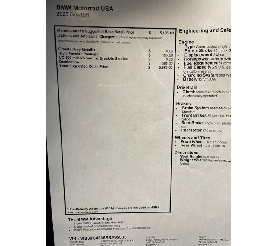 2025 BMW Motorrad G 310 R GRANITE GREY METALLIC