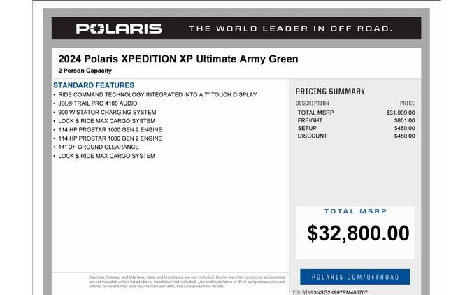 2024 Polaris Industries Polaris XPEDITION XP Ultimate Army Green