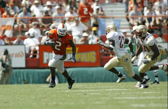 Willis McGahee finished with 95 yards rushing and 78 receiving in a 28-27 win at the Orange Bowl in 2002.
