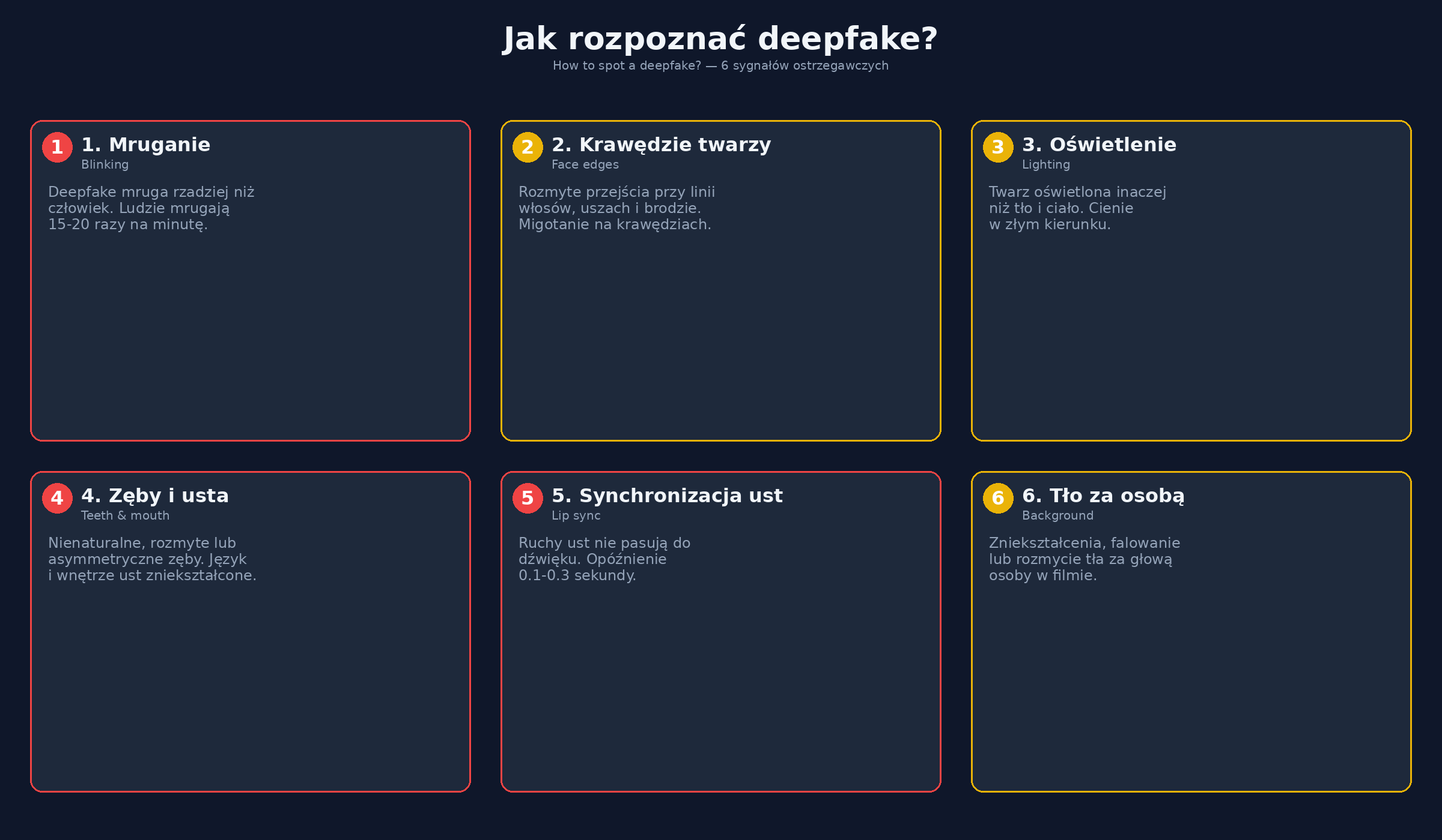 Przewodnik rozpoznawania deepfake — analiza oczu, oświetlenia, krawędzi twarzy i synchronizacji ust