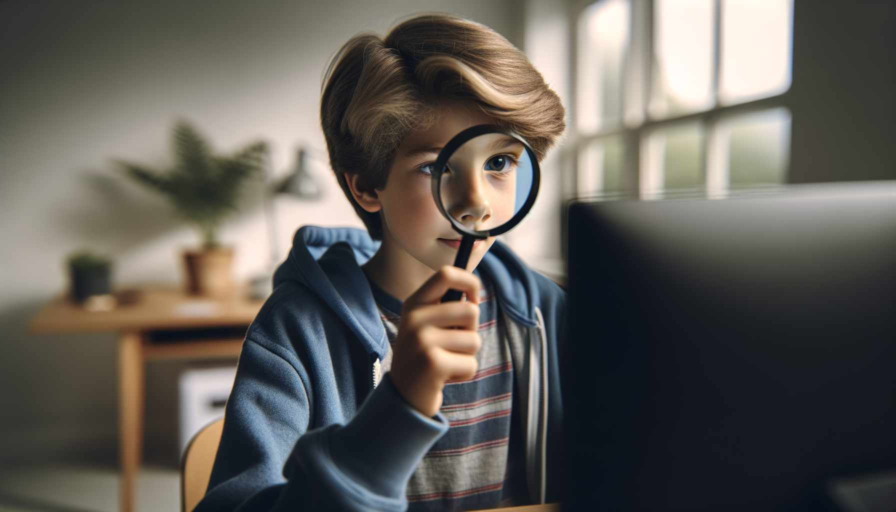 Dziecko-detektyw z lupą analizuje podejrzaną wiadomość — nauka rozpoznawania phishingu