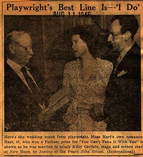 Kitty Carlisle Hart and Moss Hart at their wedding. New Hope, August 11, 1946. Image courtesy of the Spruance Collection of the Bucks County Historical Society.