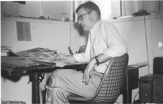 Harry McNaught in his studio 1956. The medium he usually used was gouache paint and very fine sable Windsor Newton sable brushes.