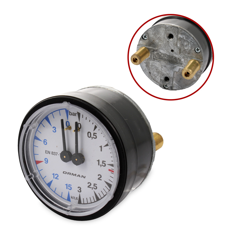 Manometro caldaia corpo Ø62mm 0÷3/0÷15Bar attacchi Ø1/8m