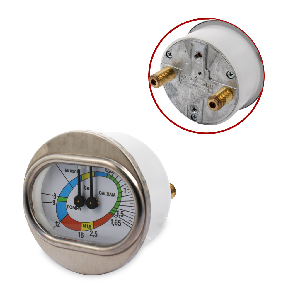 Manometro caldaia-pompa corpo Ø63mm 0÷2,5/0÷16Bar attacchi Ø1/8m
