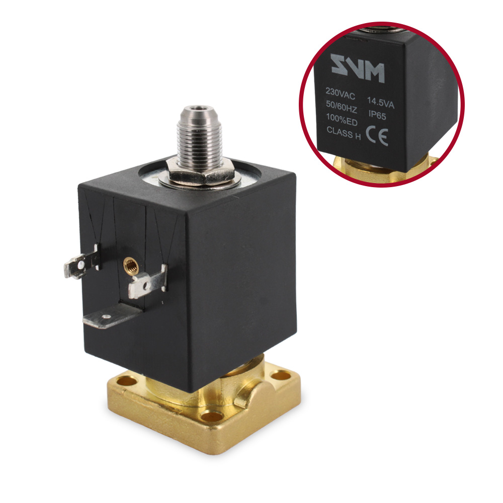 Elettrovalvola SVM attacco conico  3 vie 230V 50/60Hz 10bar 1/8" tenuta rubino a
