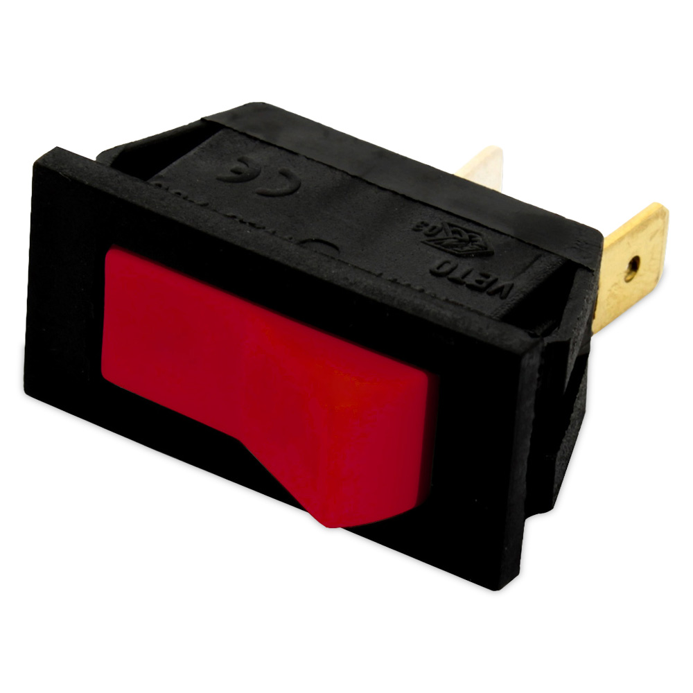 Interruttore unipolare 10a 12x27mm 2 faston con tasto di colore rosso e corpo di
