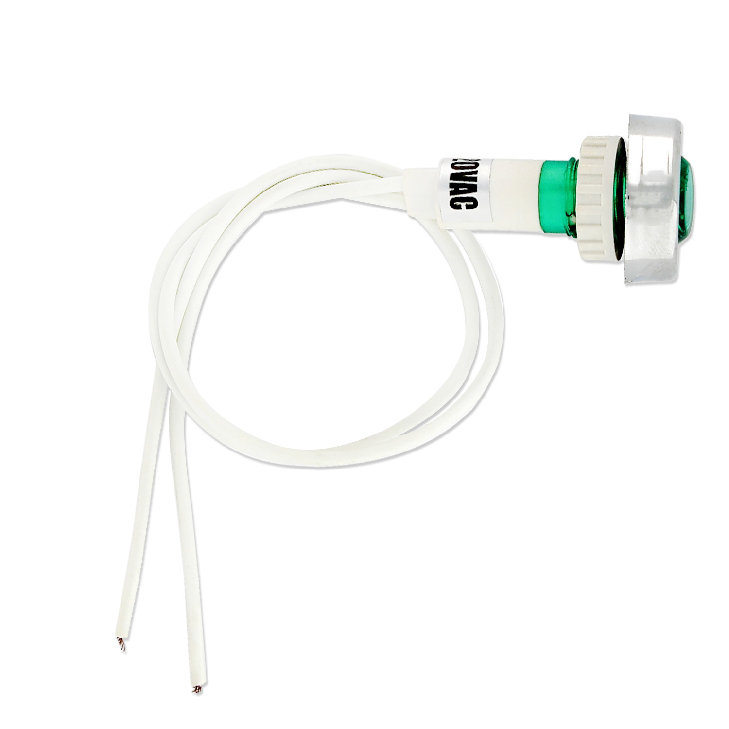 Spia luminosa di colore verde tonda Ø 10mm con fili ghiera cromata adattabile