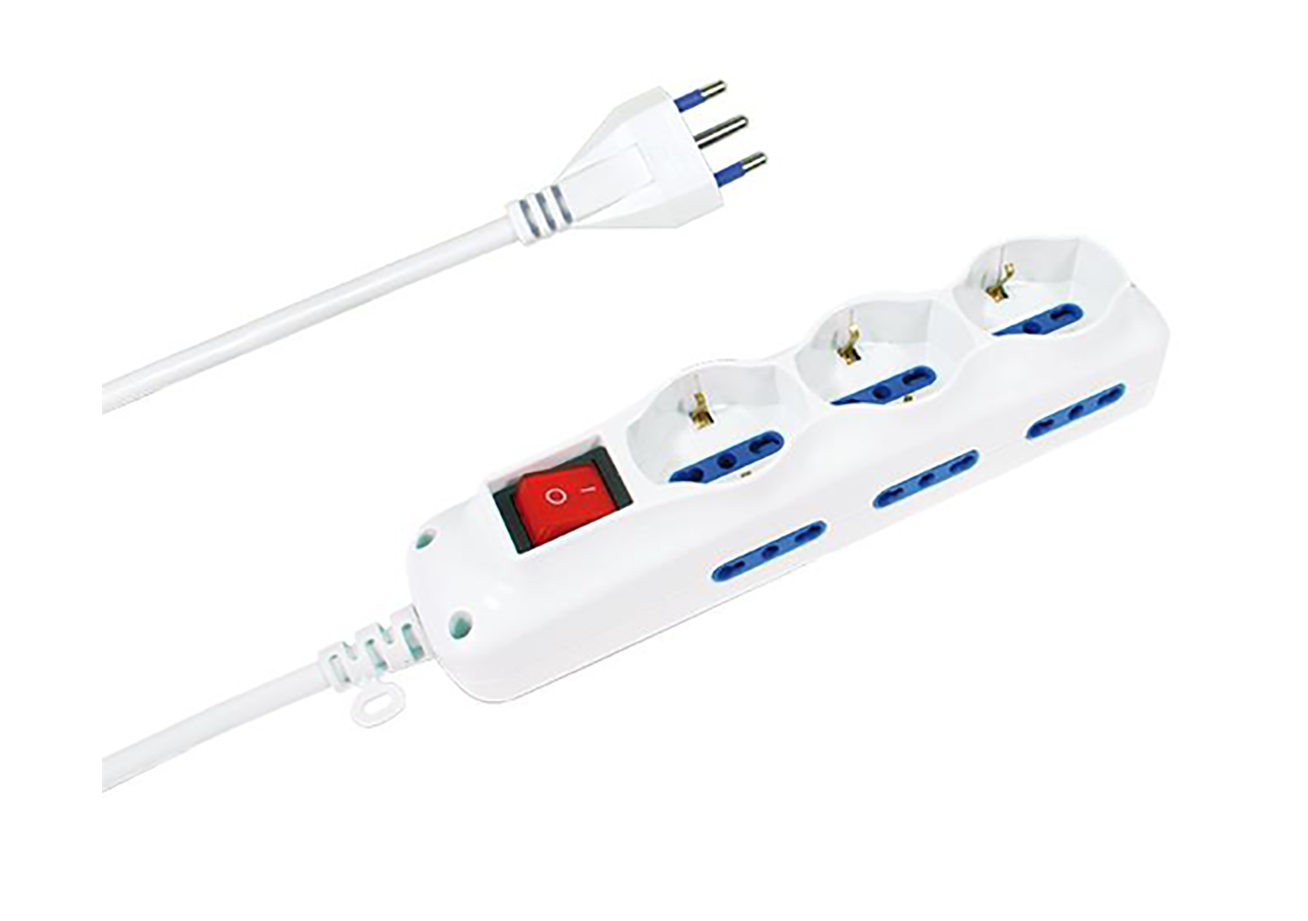 Multipresa con interruttore - 3 schuko + 6 bivalenti 10/16a / spina 16a di color