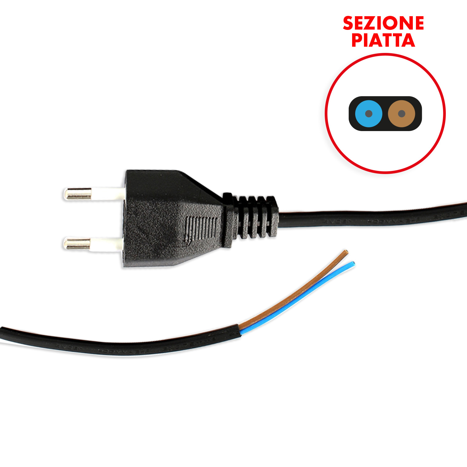 Cavo alimentazione 2x0,75mm 2mt spina italia di colore nero piatto  adattabile