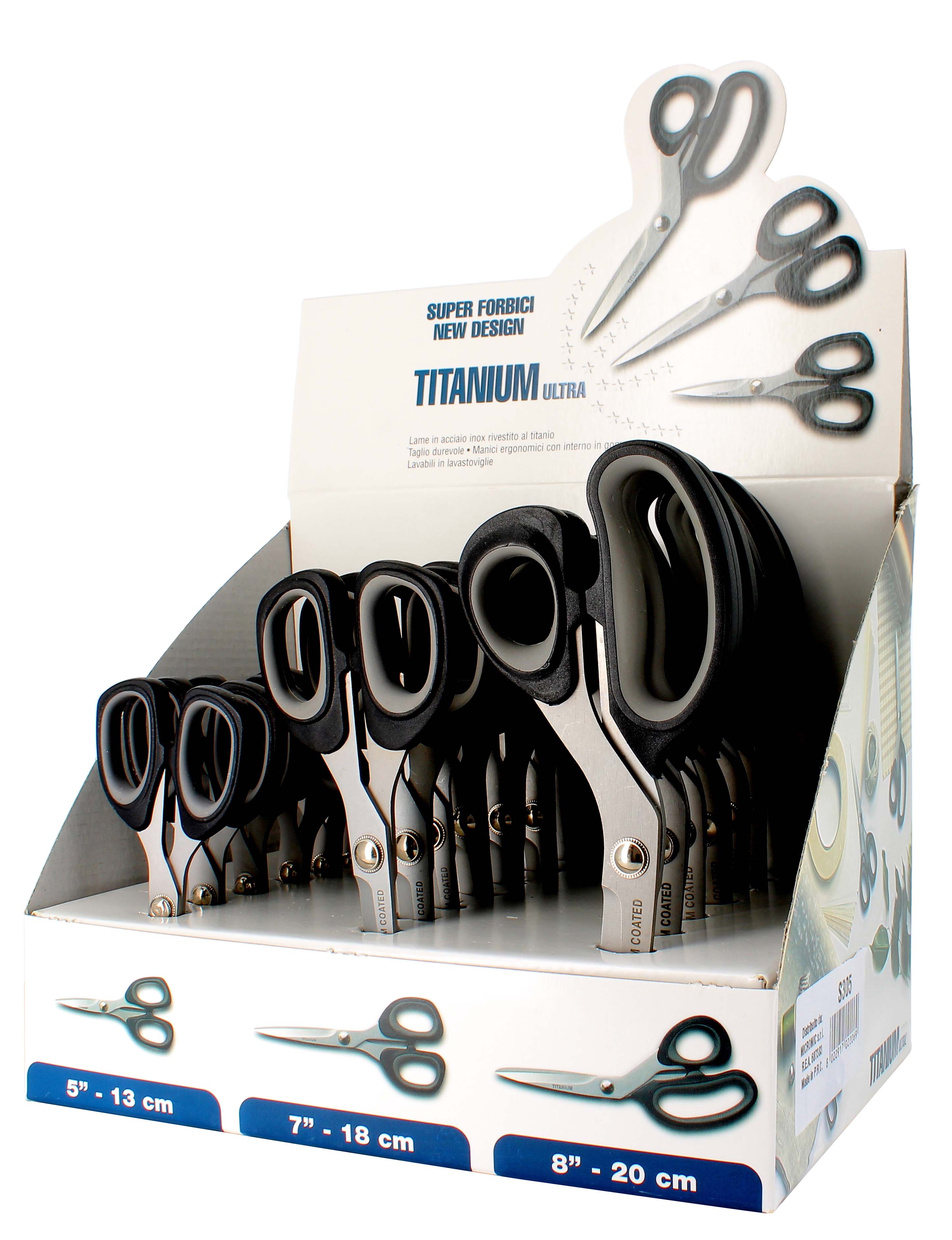 Forbici inox modello titanium 3 misure 13-18-20cm espositore da 18pz