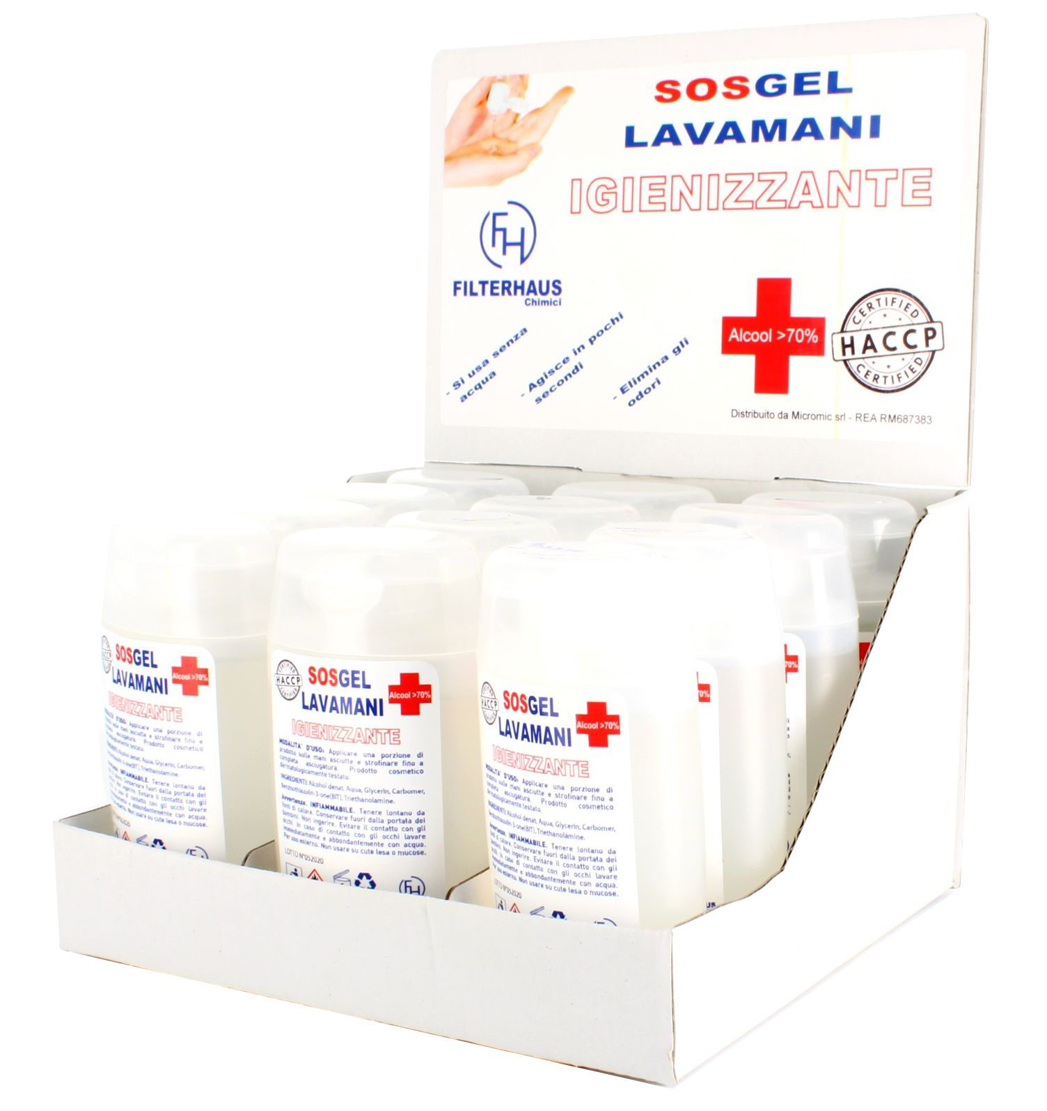 Espositore da 12 flaconi sosgel da 100ml gel igienizzante con antibatterico per
