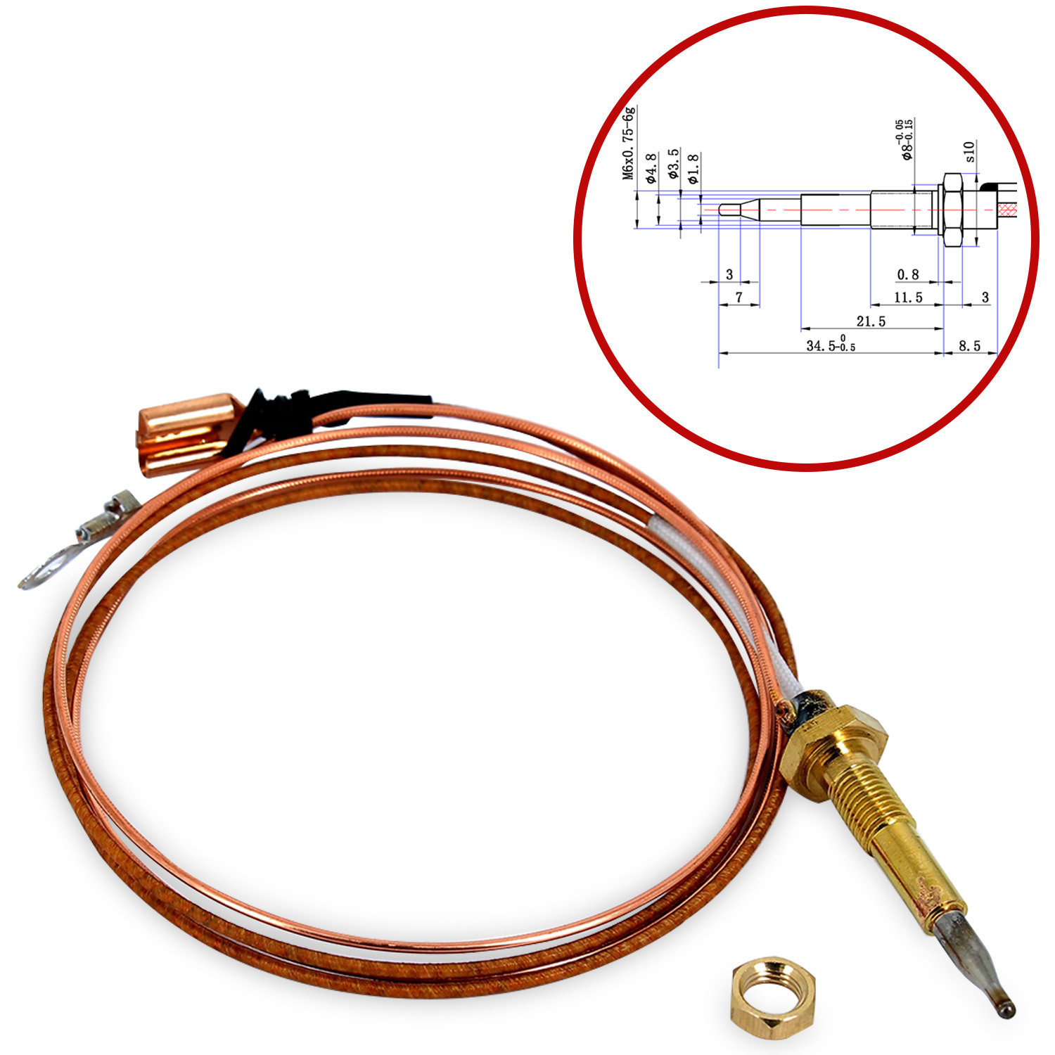 Termocoppia per piani cottura con doppio filo pilota tipo lungo m6 x 0,75 lunghe