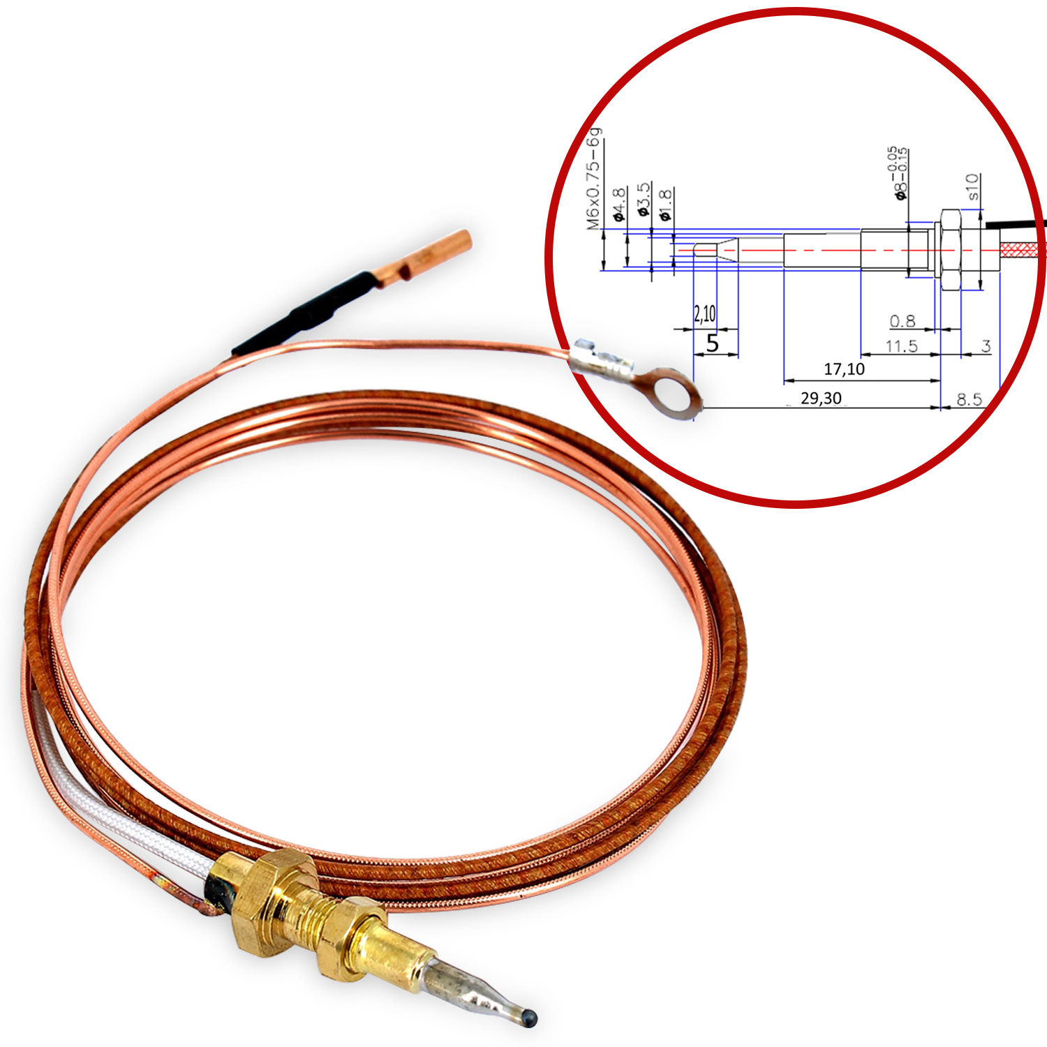 Termocoppia per piani cottura con doppio filo pilota tipo corto lunghezza 850mm