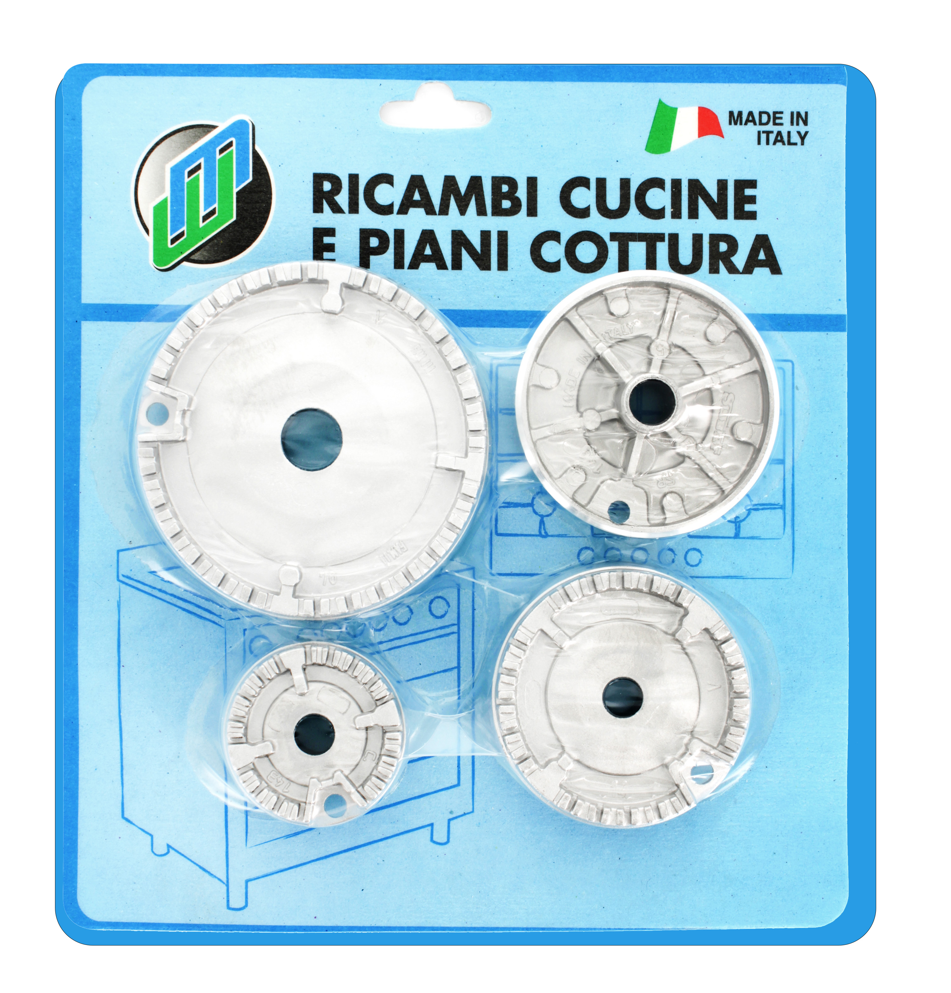 Kit 4 bruciatori: 1 grande, 2 medi, 1 piccolo in blister   adattabili