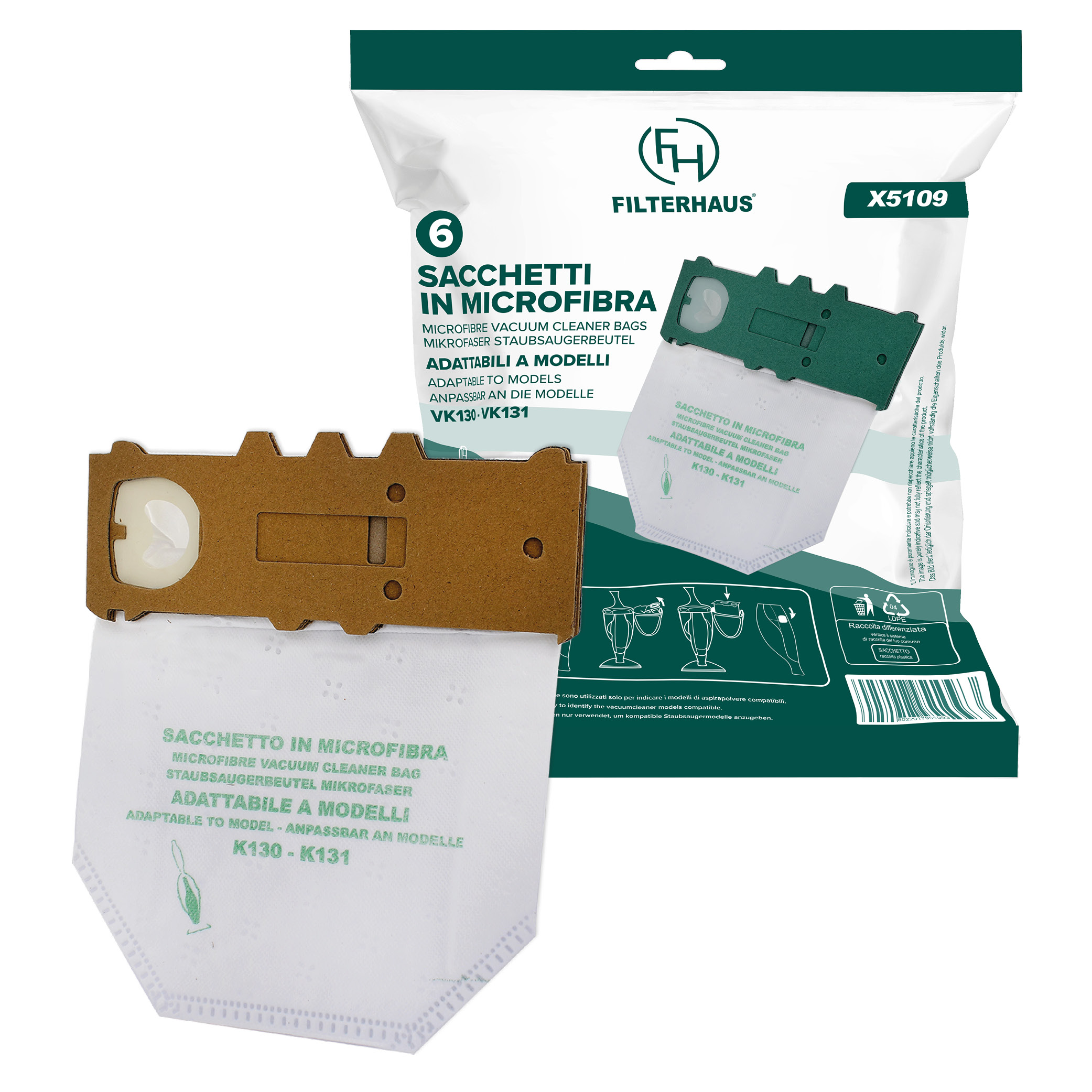 Confezione sacchetti in microfibra per aspirapolvere in busta da 6 pz adattabili