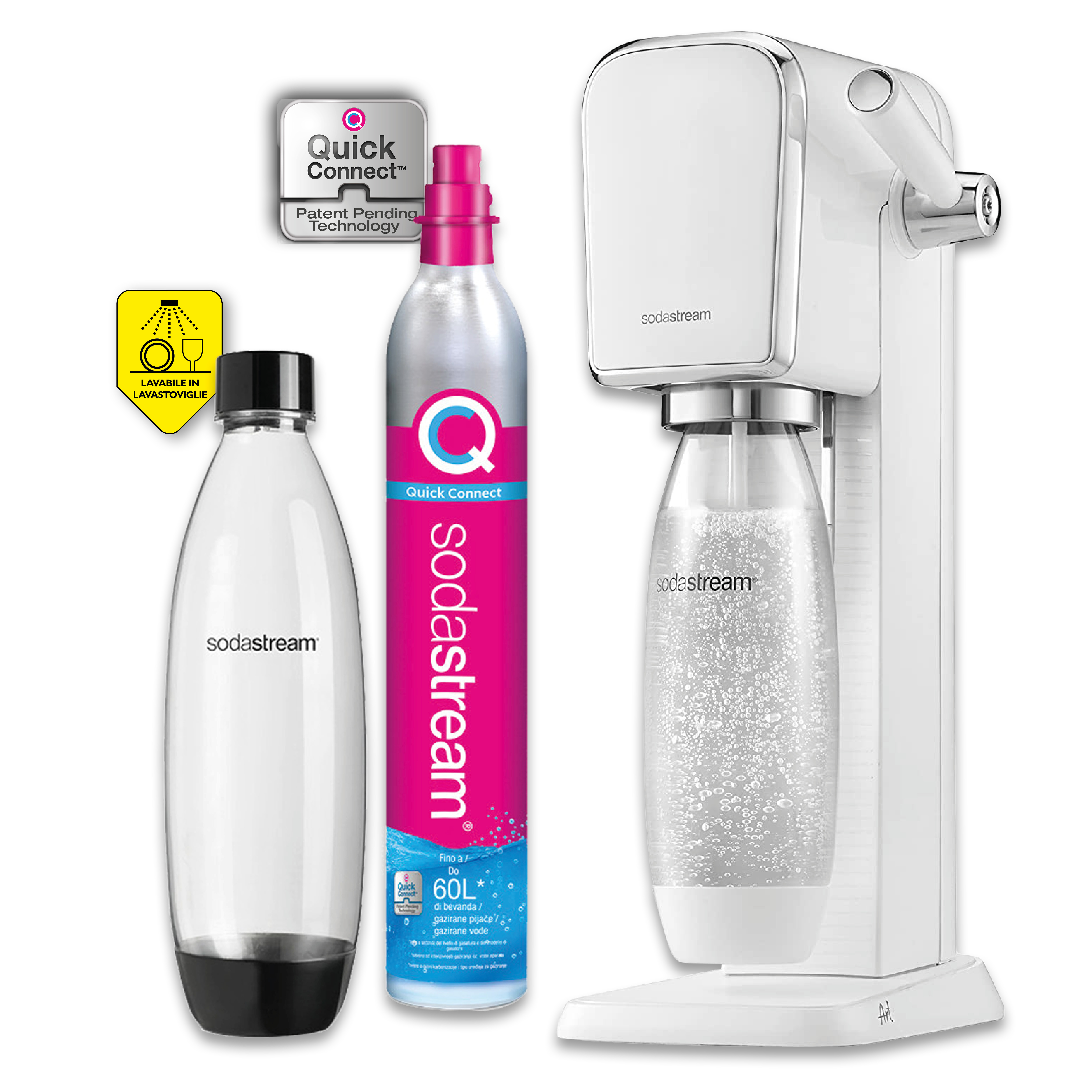 Gasatore Art White confezione dotata di 1 gasatore,1 bottiglia da 1 lt in plasti