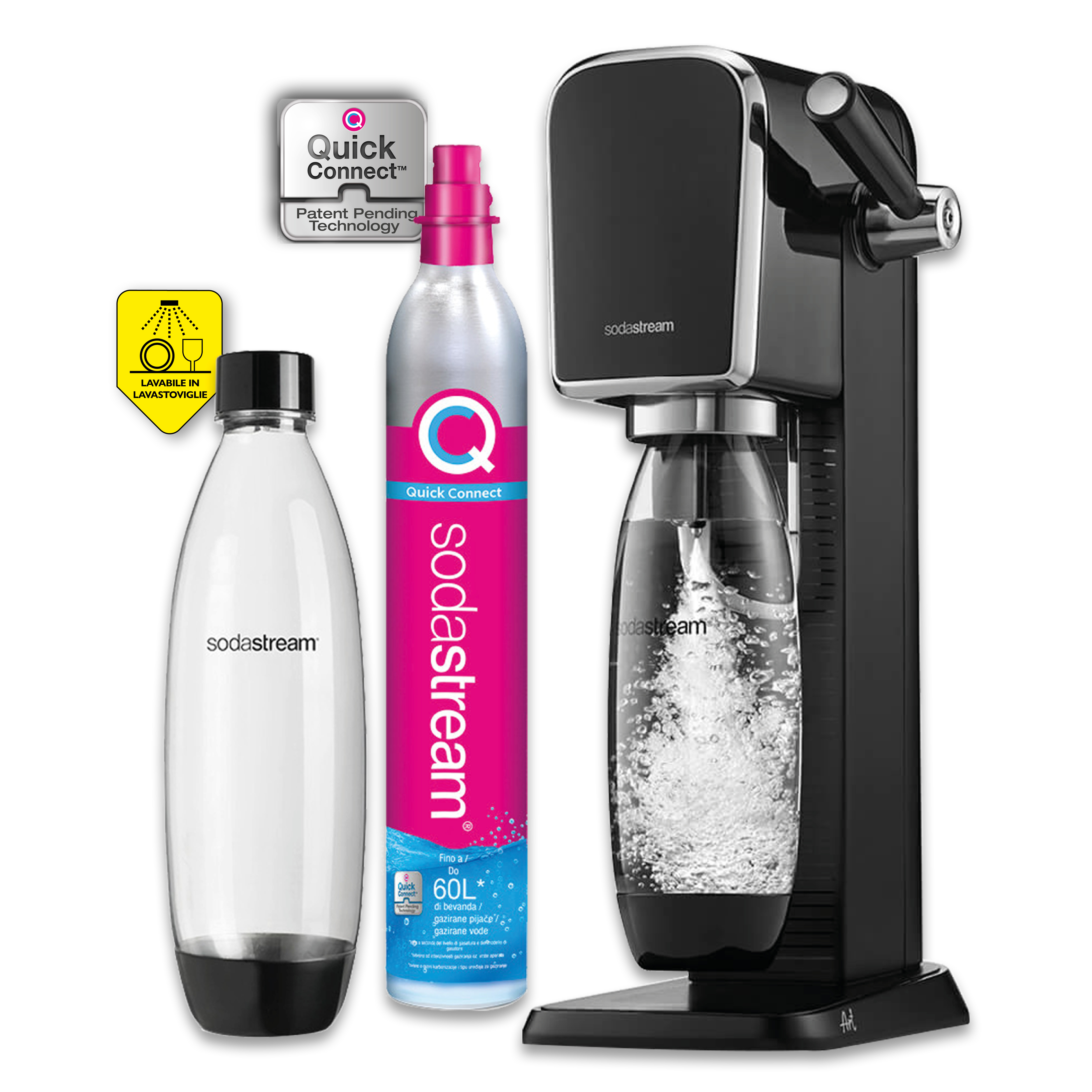Gasatore Art Black confezione dotata di 1 gasatore,1 bottiglia da 1 lt in plasti