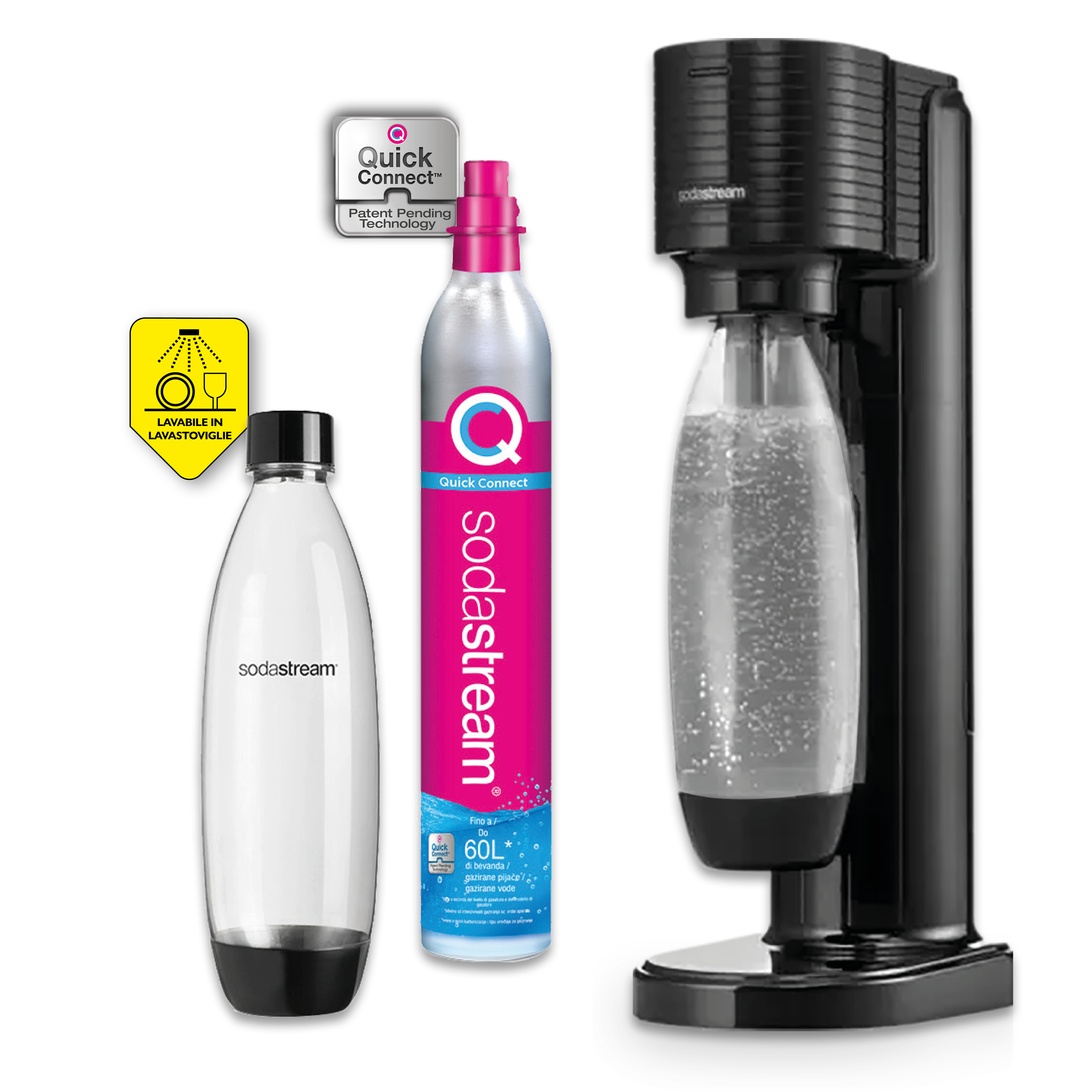 Gasatore gaia black confezione dotata di 1 gasatore,1 bottiglia da 1 lt in plast
