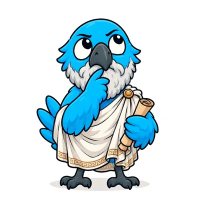 Mascote azul da Brio em postura de reflexão, vestida com túnica e segurando um pergaminho.