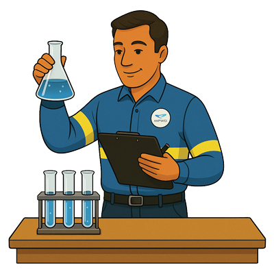 Illustration showing an MPWD operations employee testing water for purity.