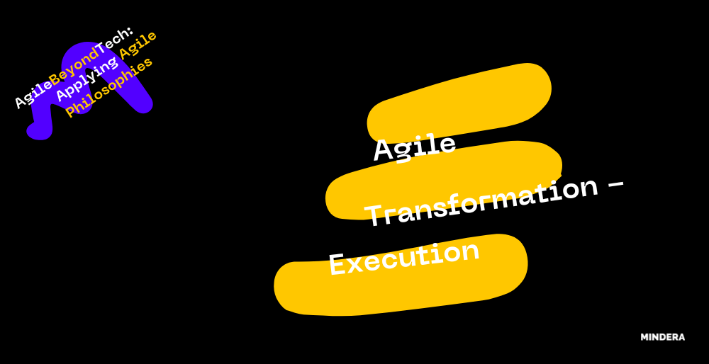 Blog image for part 2 of agile business transformation - a black background with a blue squiggle in the top left corner and a text overlay that says AgileBeyondTech: applying agile philosophies" with the article title in the centre 