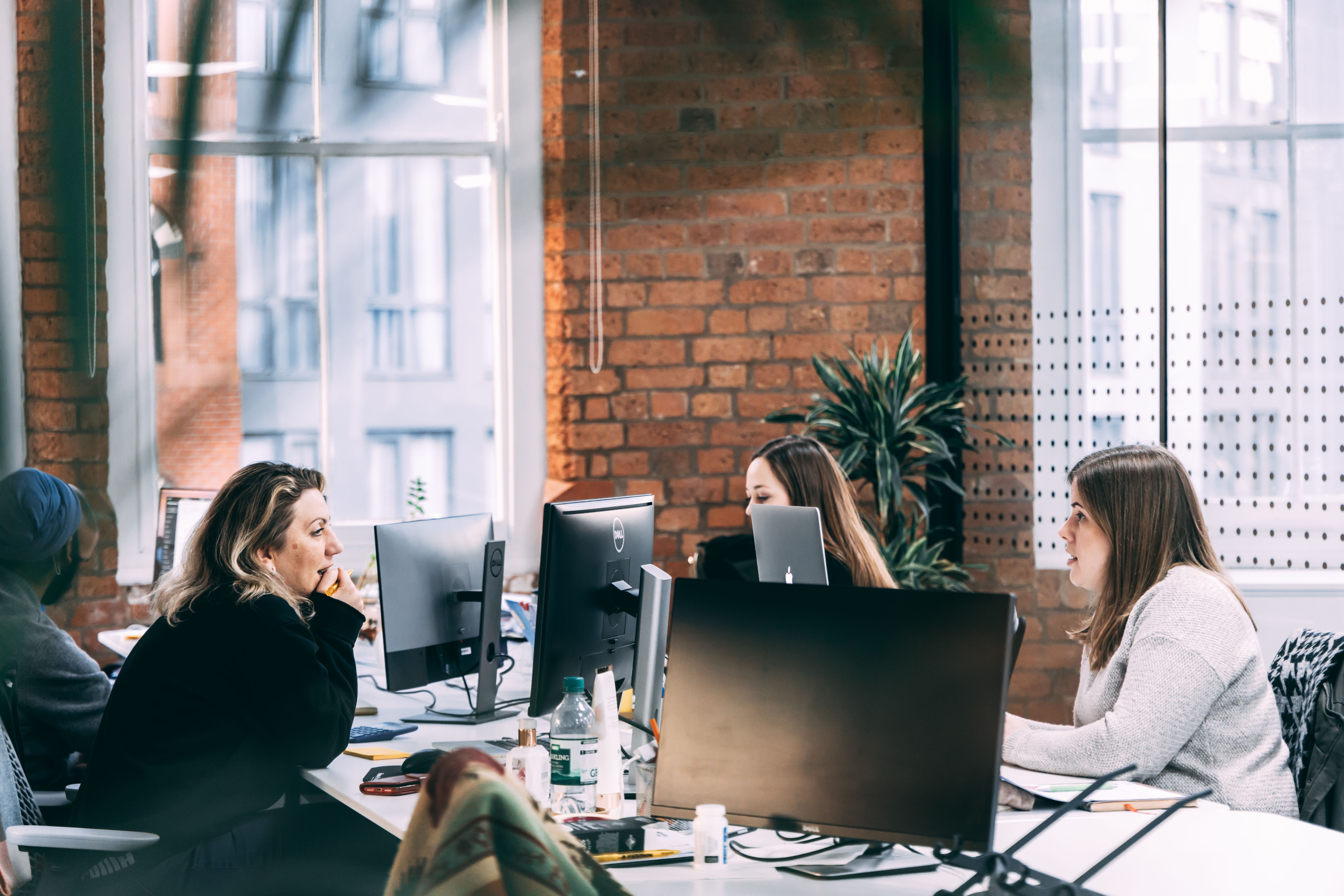 Four Minders are working at their desks in the Leicester office of software engineering company Mindera. 