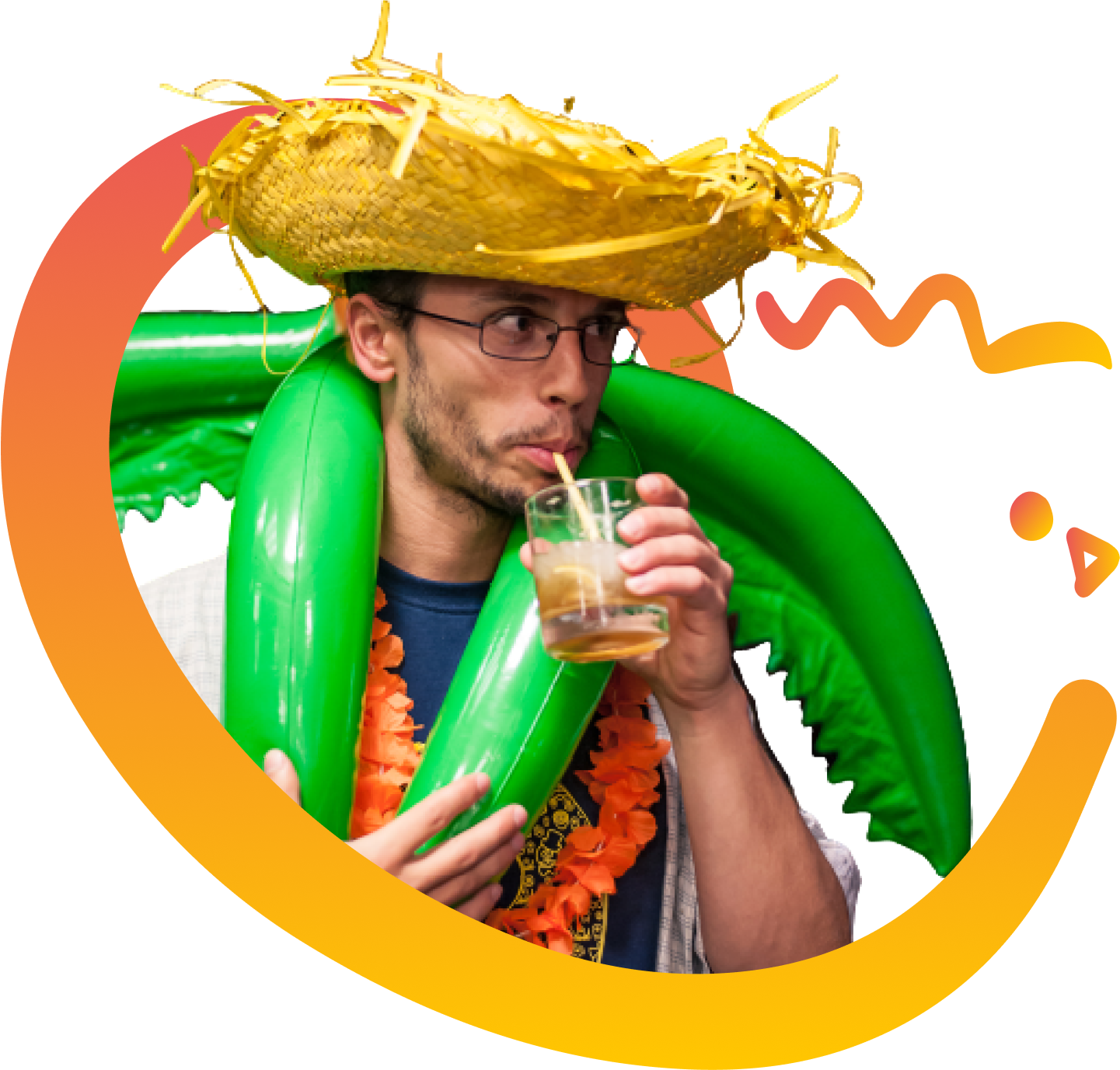 A male Minder wearing glasses, a straw hat, and an inflatable green leaf around his neck sips a cocktail. 