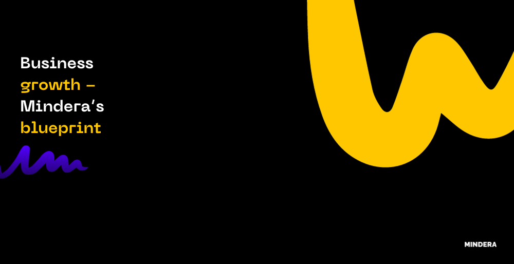 A black background with a yellow squiggle and the text that reads "business growth, Mindera's blueprint"