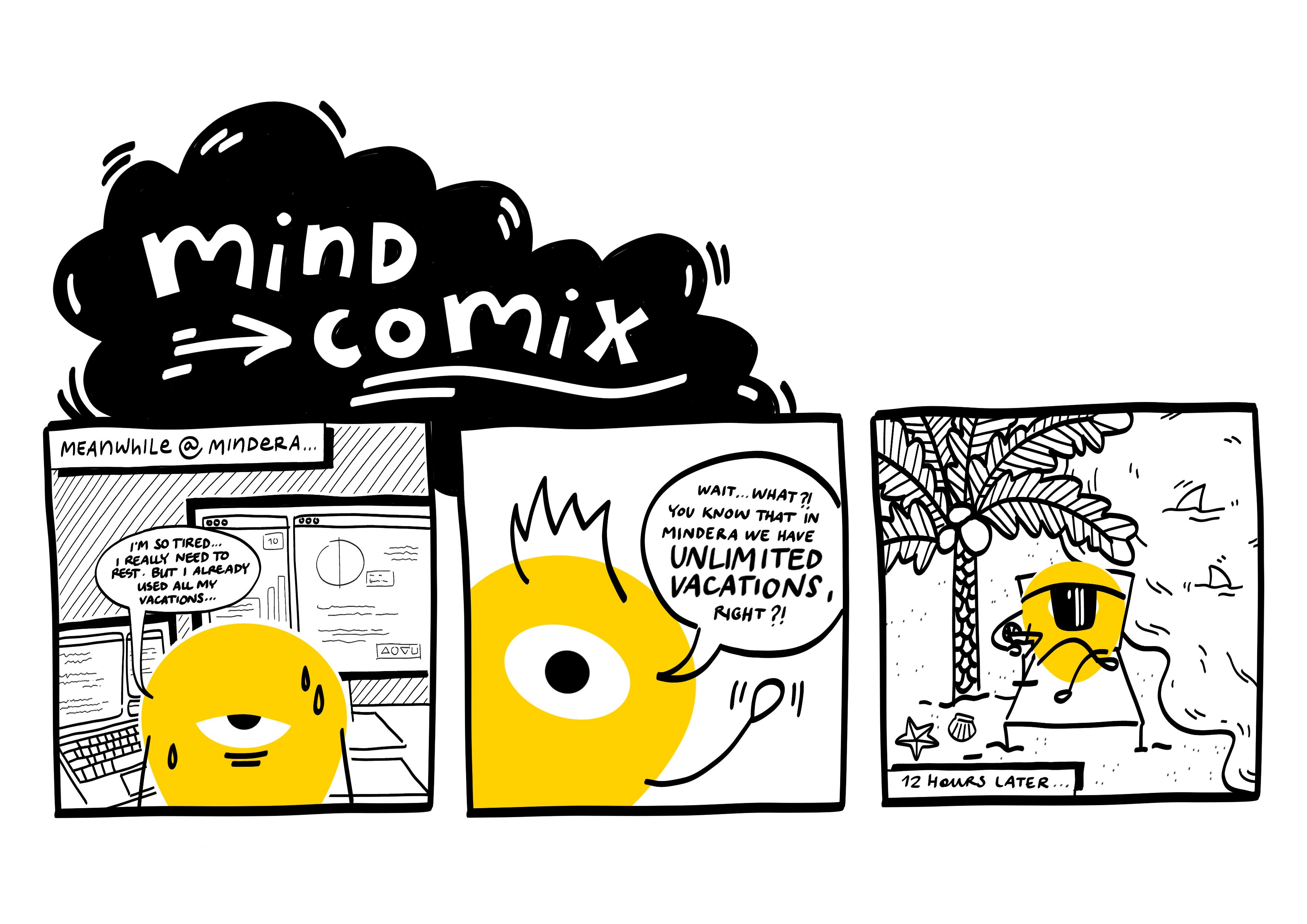  panels comic in a hand-drawn style, featuring the Minder logo, about the unlimited vacations benefit.