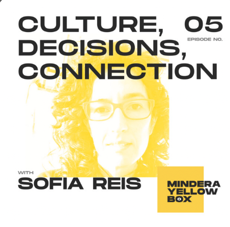 A yellow picture of Sofia Reis with black text above her head that says "Culture, Decisions, Connections" and a yellow square at the bottom right of the image that says "Mindera Yellow Box" in black text.