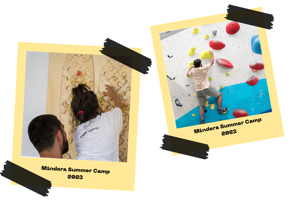 Two polaroid style images, the first with a Minder and a young person completing a puzzle, the second with a Minder doing rock climbing