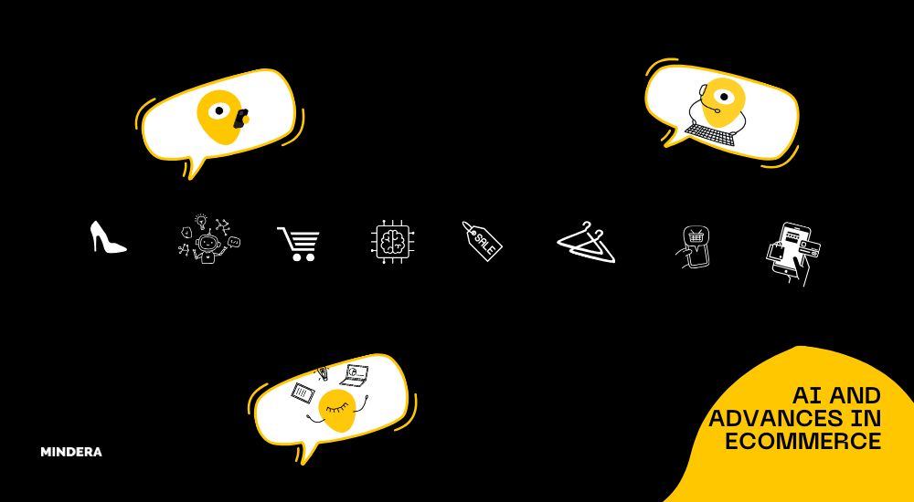 A blog image with 3 Minders (the Mindera logo) in bubbles, surrounding things associated with AI and eCommerce, for example retail/sale signs, an AI chip and a robot A blog image with 3 Minders (the Mindera logo) in bubbles, surrounding things associated with AI and eCommerce, for example retail/sale signs, an AI chip and a robot