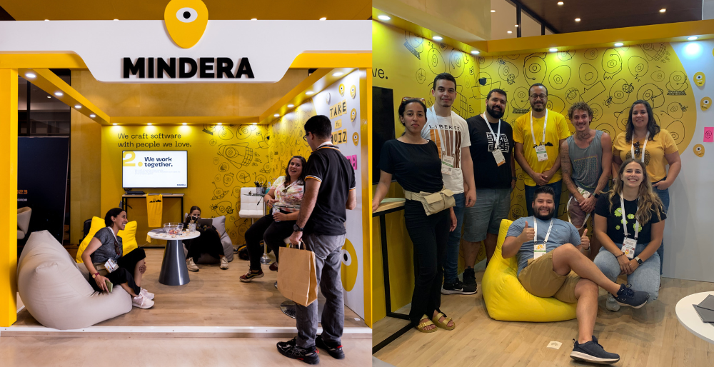 two photos in a collage of our booth at devoxx morocco. in the first picture, we see the front of the mooth with the mindera logo at the top. in the second picture, we see the team standing in the booth.