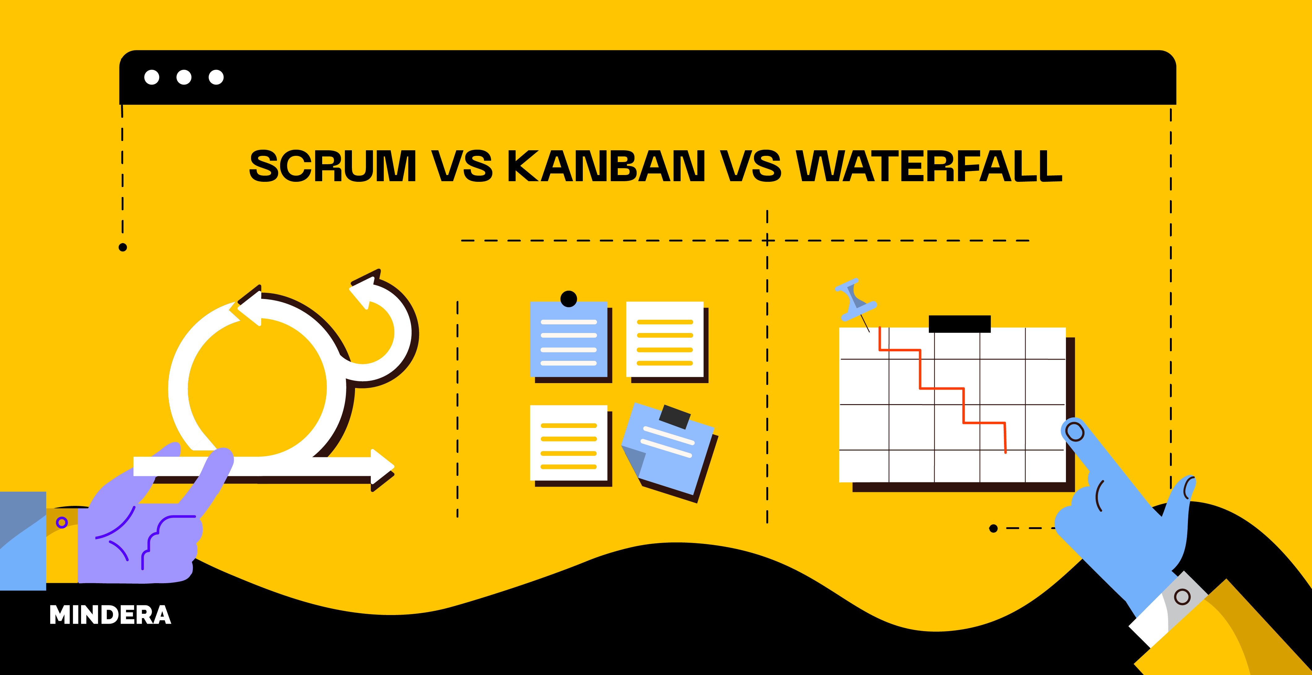Scrum vs kanban vs waterfall, a colourful blog image with graphics of project management