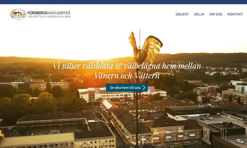 Skärmbild av Forsbergs Mäklarbyrå – Startsidan med film i introt