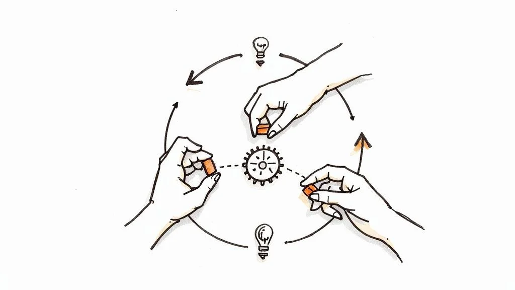 Multiple hands holding puzzle pieces around gear symbol representing collaborative adult learning strategies