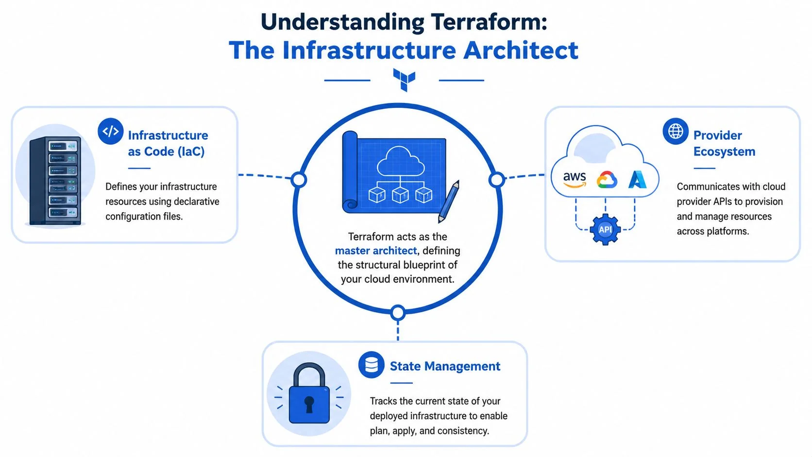 Diagram showing Terraform as an infrastructure architect, managing IaC and cloud states.