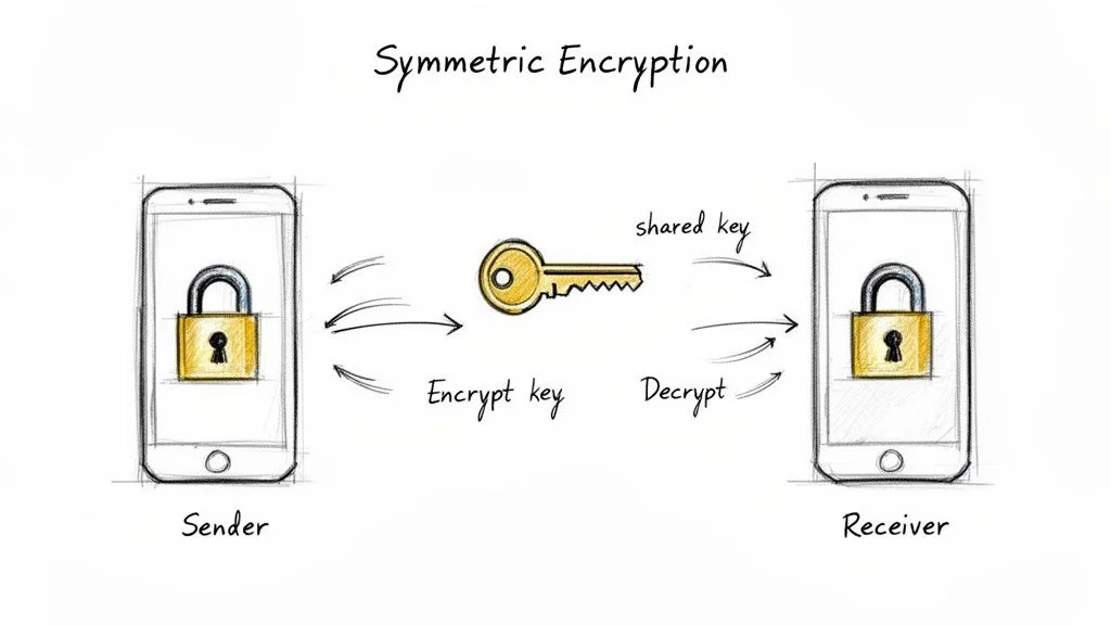A diagram illustrating the encryption process: plaintext and a key are transformed by an algorithm into ciphertext.
